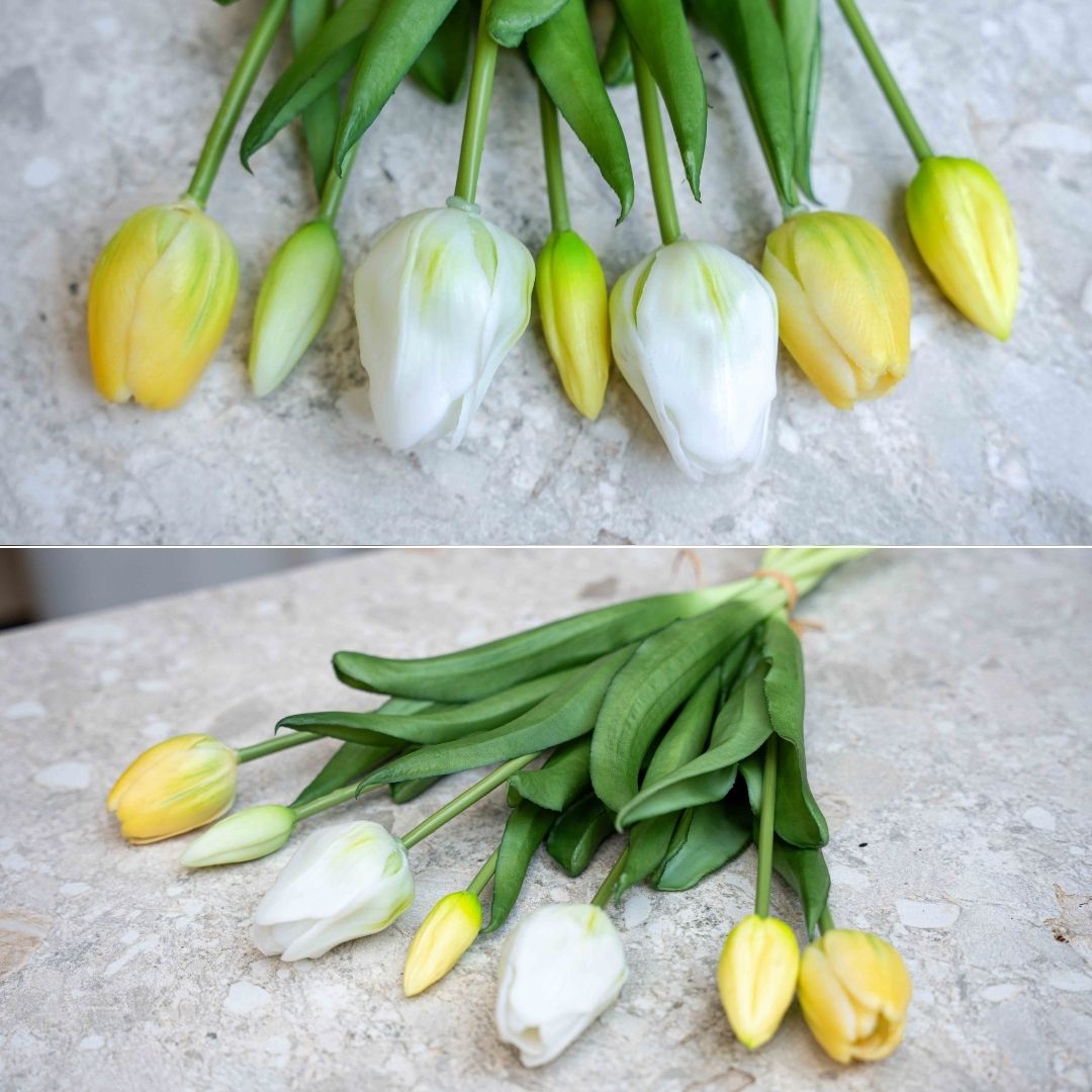 Tulip Bouquet - Soft Light - ‘Real Touch’ Artificial Tulips - 7 Tulip Stems - 40 Cm