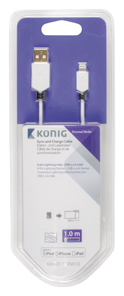KÖNig Knm39300W10 Sync And Charge Kabel 8-Pins Lightning Male - Usb 2.0 A Male 1,00 M Wit