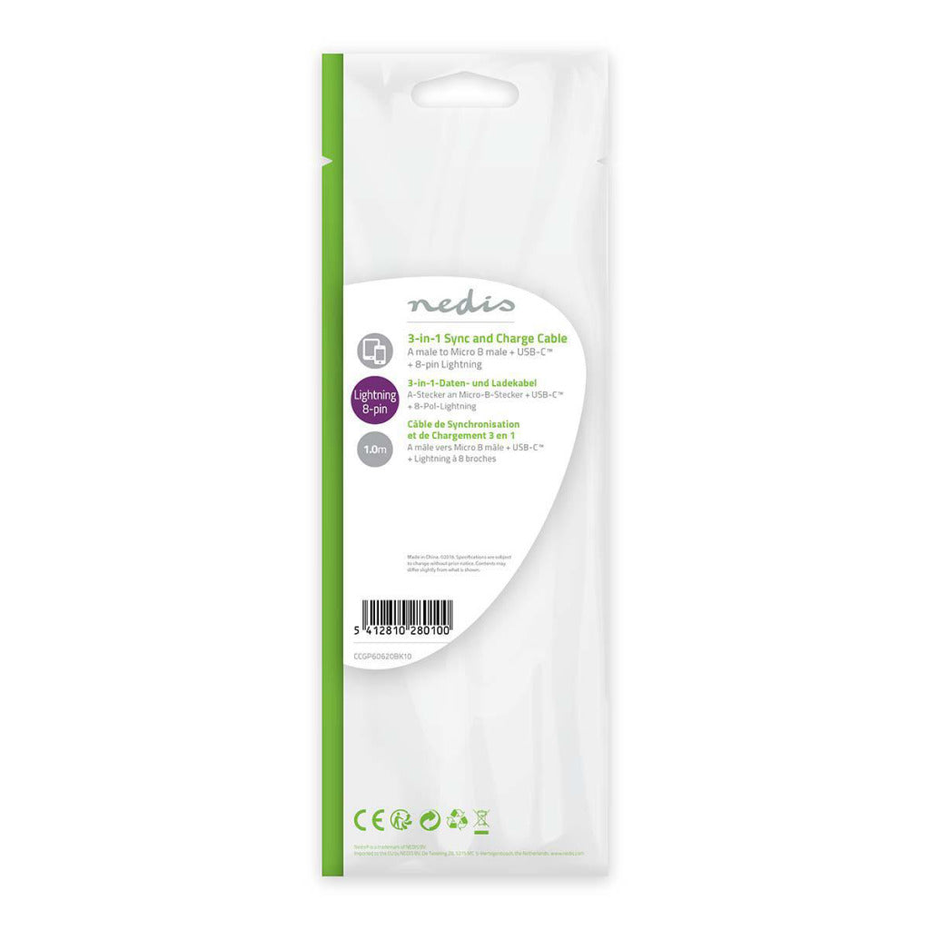 Nedis Ccgp60620Bk10 3-In-1 Sync And Charge-Kabel Usb-A Male - Micro B Male / Type-C Male / Apple Lightning 8-Pins Male 1,0 M Zwart