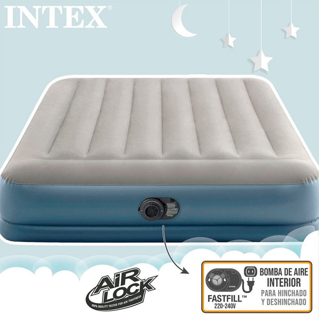 Intex 64118Nd Pillow Rest Mid-Rise 2-Persoons Luchtbed 152X203X30 Cm + Ingebouwde Pomp Grijs/Blauw