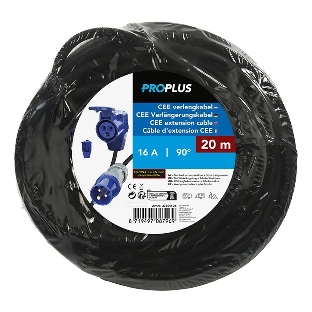 Proplus Cee Verlengkabel 20 M Met Haakse Contrastekker + Schuko Stopcontact 3X2,5 Mm&Sup2; Zwart/Blauw