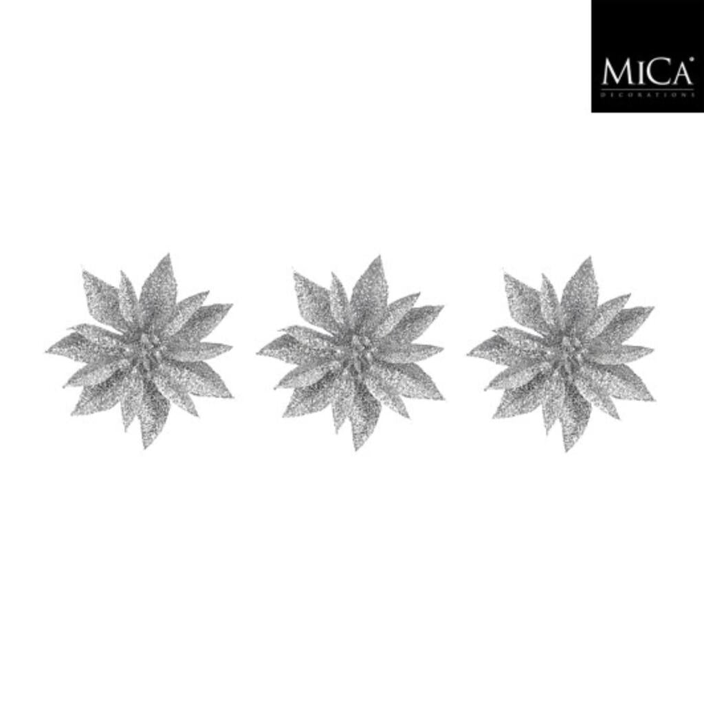 Mica Decorations Clip Poinsettia 3X10 Cm 3 Stuks Zilver