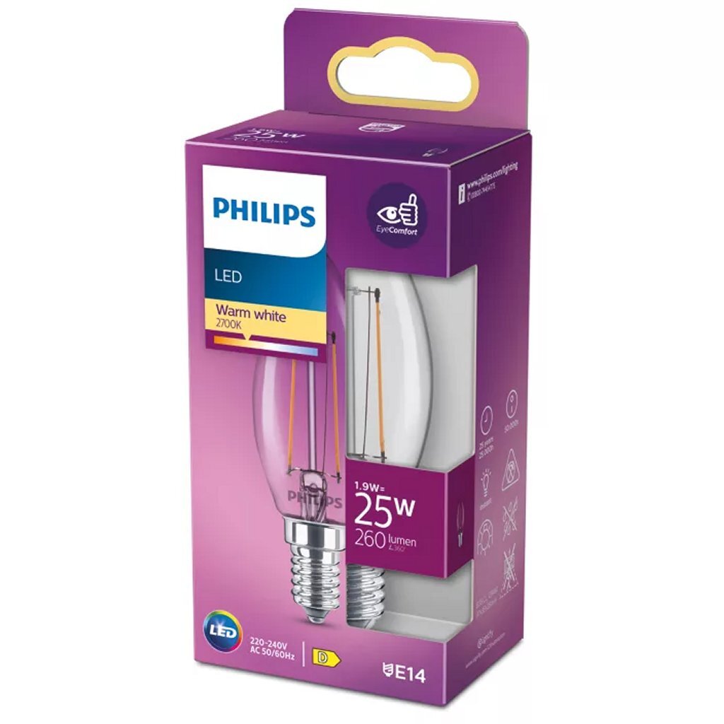 Philips Led Filamentkaarslamp 25W B35 E14 Warm Wit Licht Transparant