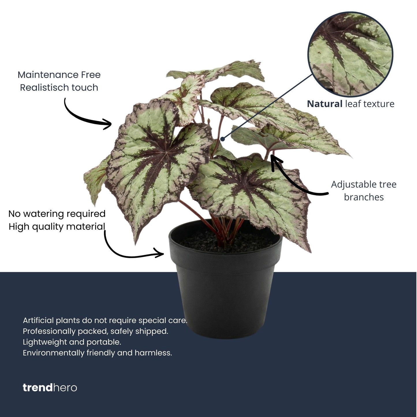 Begonia 26 Cm - Potted - Grey Purple Leaves - Artificial Plant - Uv - Indoor & Outdoor