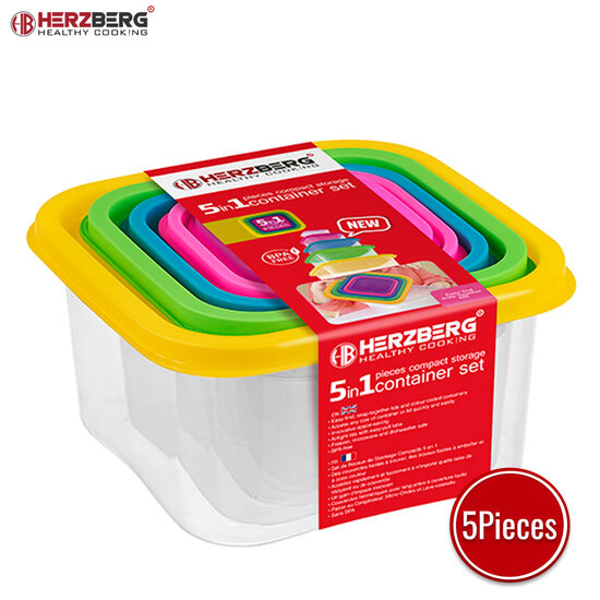 Herzberg HG-SFS5N1: 5-in-1 vierkante containerset voor voedselopslag