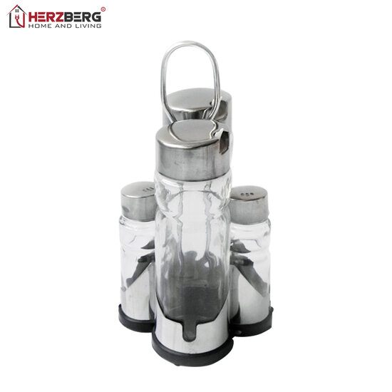 Herzberg HG-6006: Roestvrijstalen kruidenrek met set van 4 glazen potten