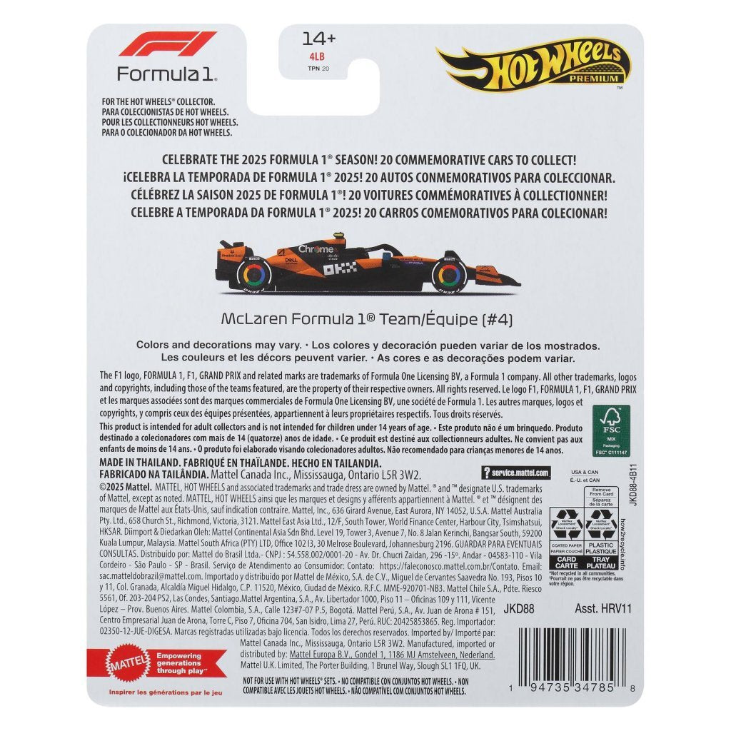 Mattel Hot Wheels Premium F1 Racecar Mclaren Lando Norris