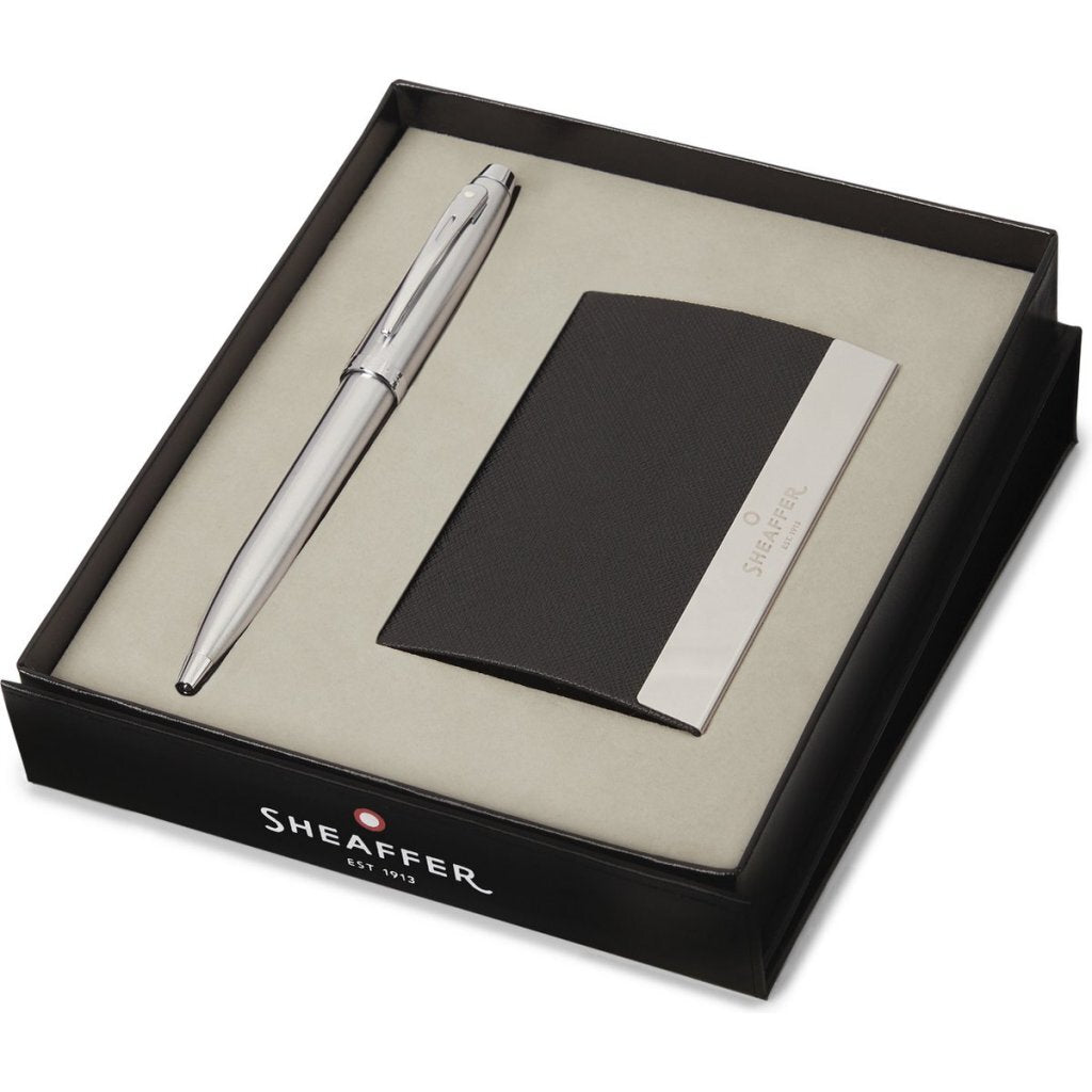Sheaffer Sf-G2930651-3 Balpen 100 M Giftset Brushed Chrome Nickel Plated + Visitekaarthouder