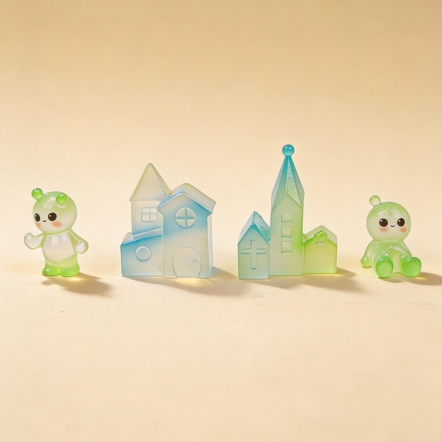 Glow Village - Decorative Miniature Village - Glow In The Dark - Set Of 4 - ↑ 3–5 Cm