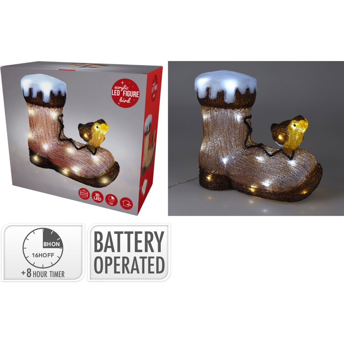 Kerstfiguur Acryl - Vogel Op Laars - Led - 28Cm