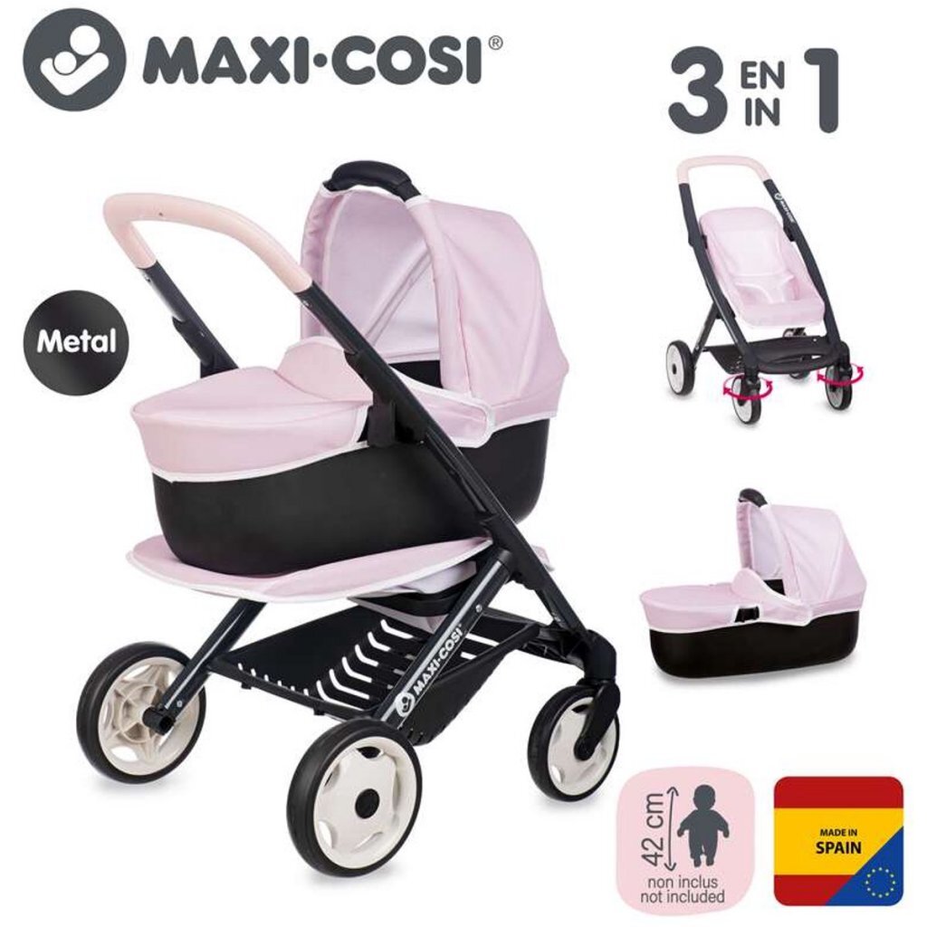 Smoby 3In1 Poppenwagen Zachtroze/Zwart