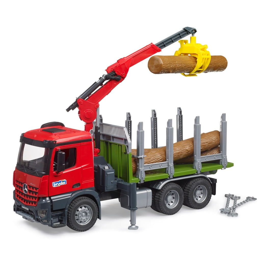 Bruder 03669 Mb Arocs Houttransportwagen + Laadkraan + Grijper + 3 Boomstammen