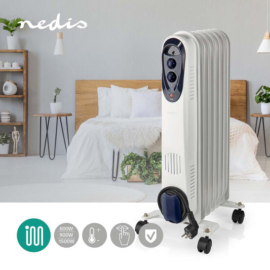 Nedis Htoi30Wt7 Mobiele Olieradiator 600 / 900 / 1500 W 7 Vinnen Instelbare Thermostaat 3 Warmte Standen Omvalpreventie Wit