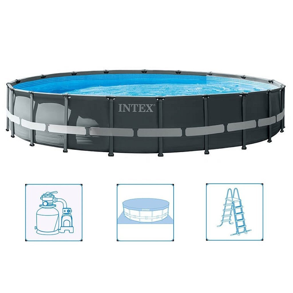 Intex 26334Gn Ultra Xtr Frame Zwembad 610X122 Cm + Zandfilterpomp En Trap + Accessoires Grijs