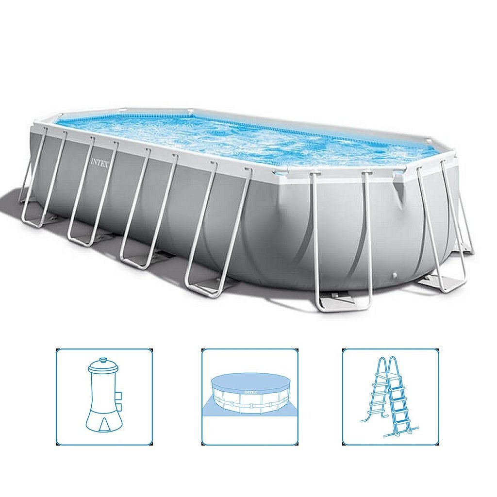Intex 26798Gn Prism Oval Frame Zwembad 610X305X122 Cm + Filterpomp En Trap + Accessoires Grijs