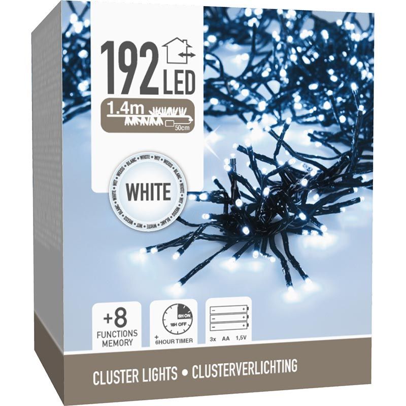 Clusterverlichting 192 Led -  1.4M - Wit - Batterij - Lichtfuncties - Geheugen - Timer