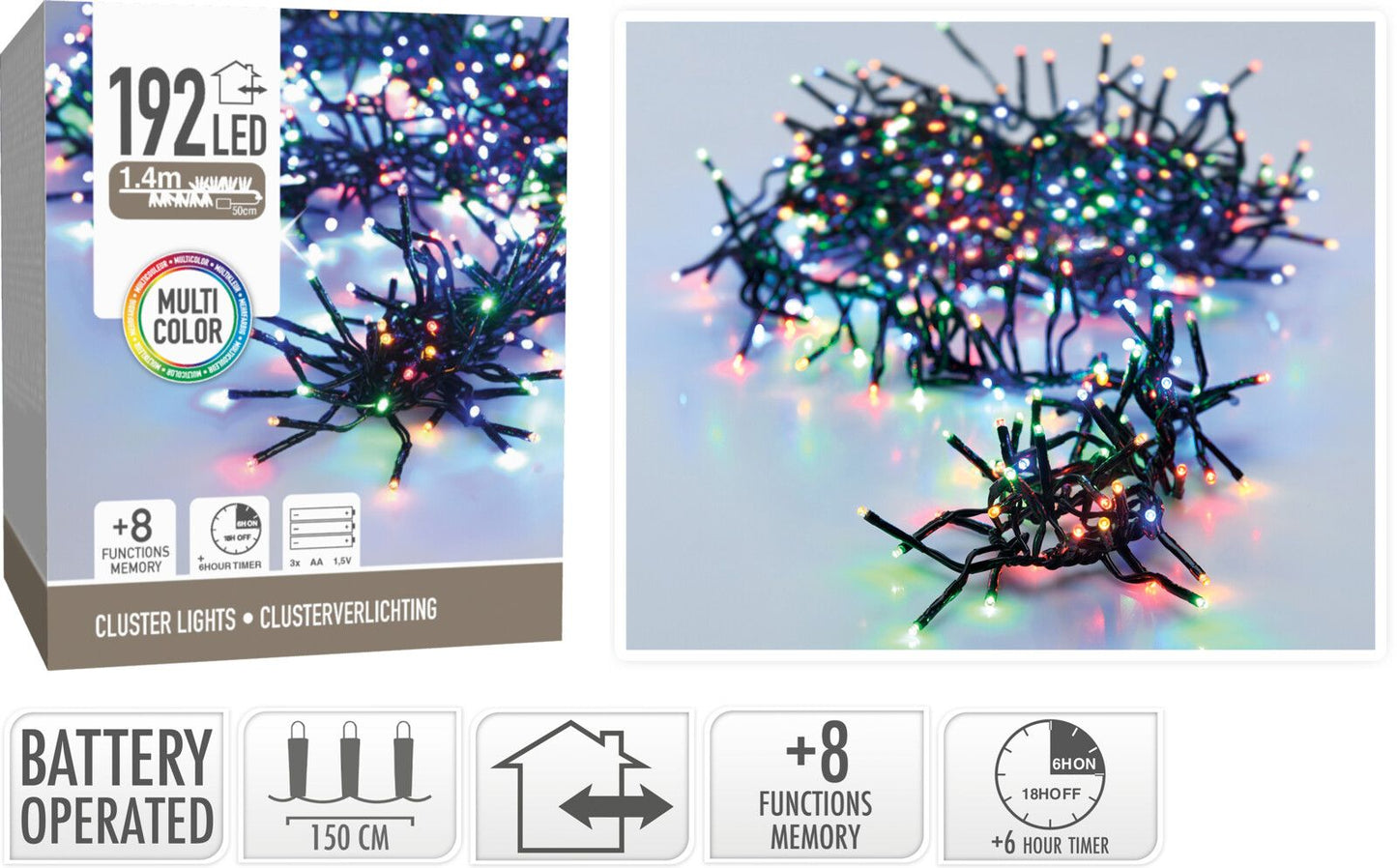 Clusterverlichting 192 Led -  1.4M - Multicolor - Batterij - Lichtfuncties - Geheugen - Timer