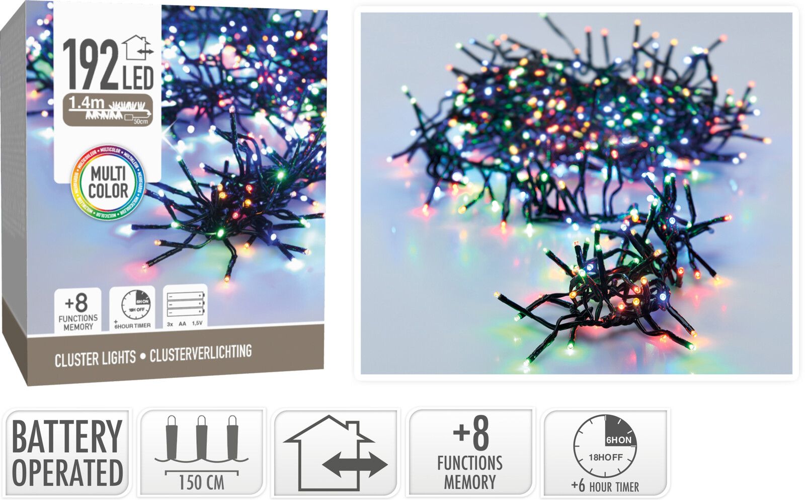 Clusterverlichting 192 Led -  1.4M - Multicolor - Batterij - Lichtfuncties - Geheugen - Timer