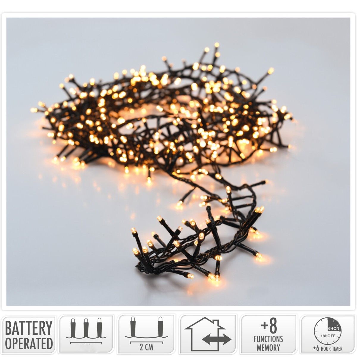 Micro Cluster 200 Led - 4M - Extra Warm Wit - Batterij - Lichtfuncties - Geheugen - Timer
