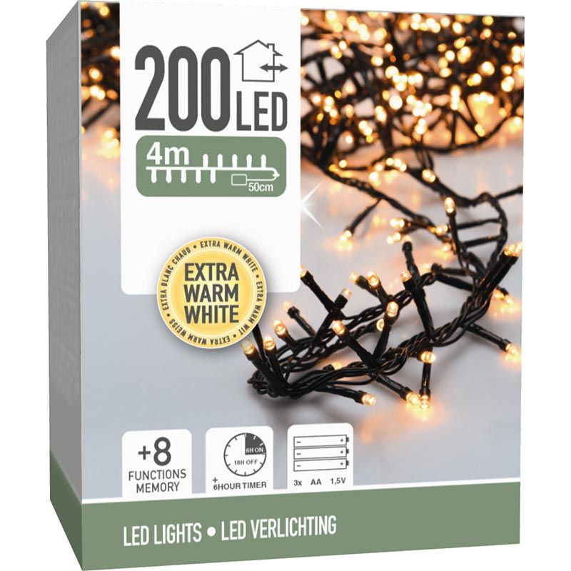 Micro Cluster 200 Led - 4M - Extra Warm Wit - Batterij - Lichtfuncties - Geheugen - Timer