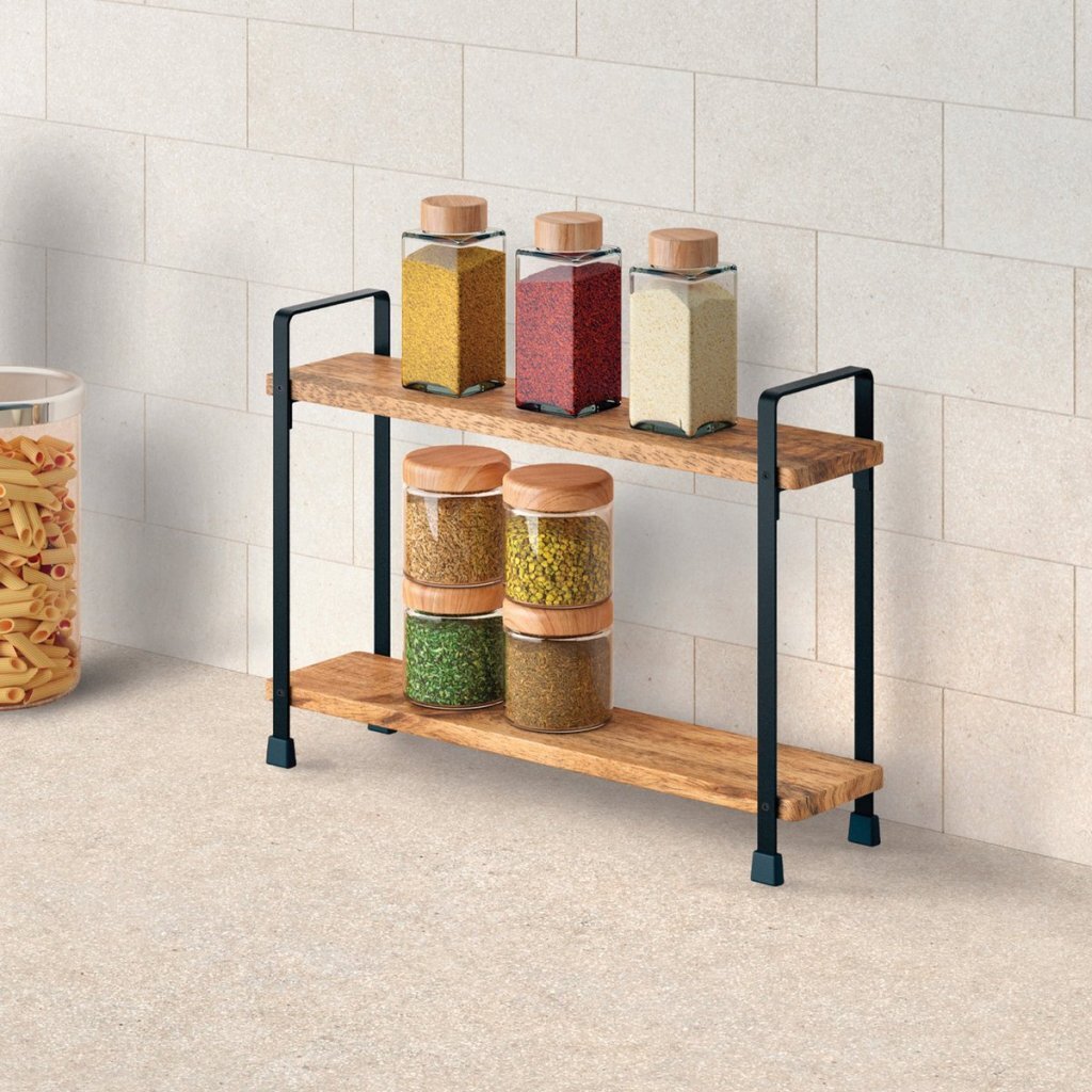 Metaltex York Lava Kruidenrek 2 Etages 8X34X23 Cm Acacia Hout/Zwart Metaal