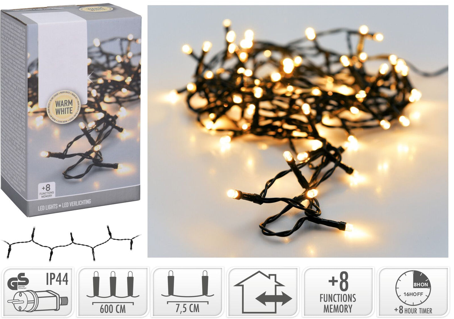 Kerstverlichting 80 Led- 6M - Warm Wit - Timer - Lichtfuncties - Geheugen - Buiten