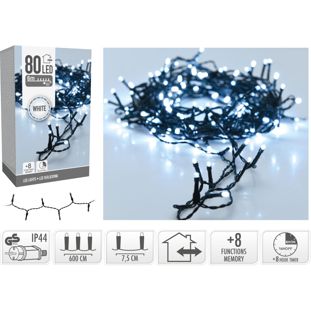 Kerstverlichting 80 Led- 6M - Wit - Timer - Lichtfuncties - Geheugen - Buiten