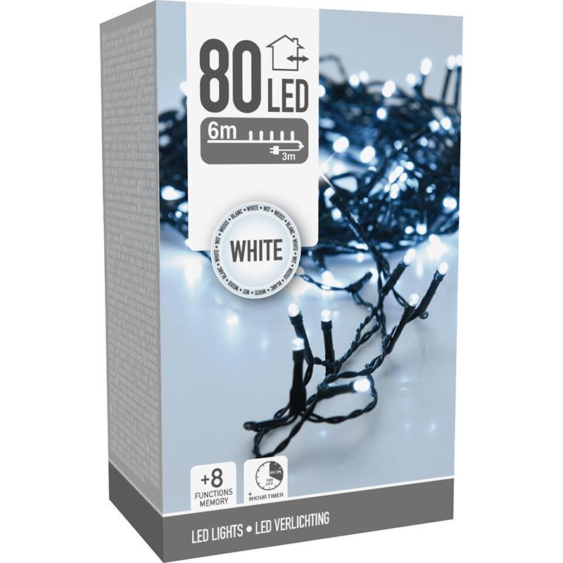 Kerstverlichting 80 Led- 6M - Wit - Timer - Lichtfuncties - Geheugen - Buiten