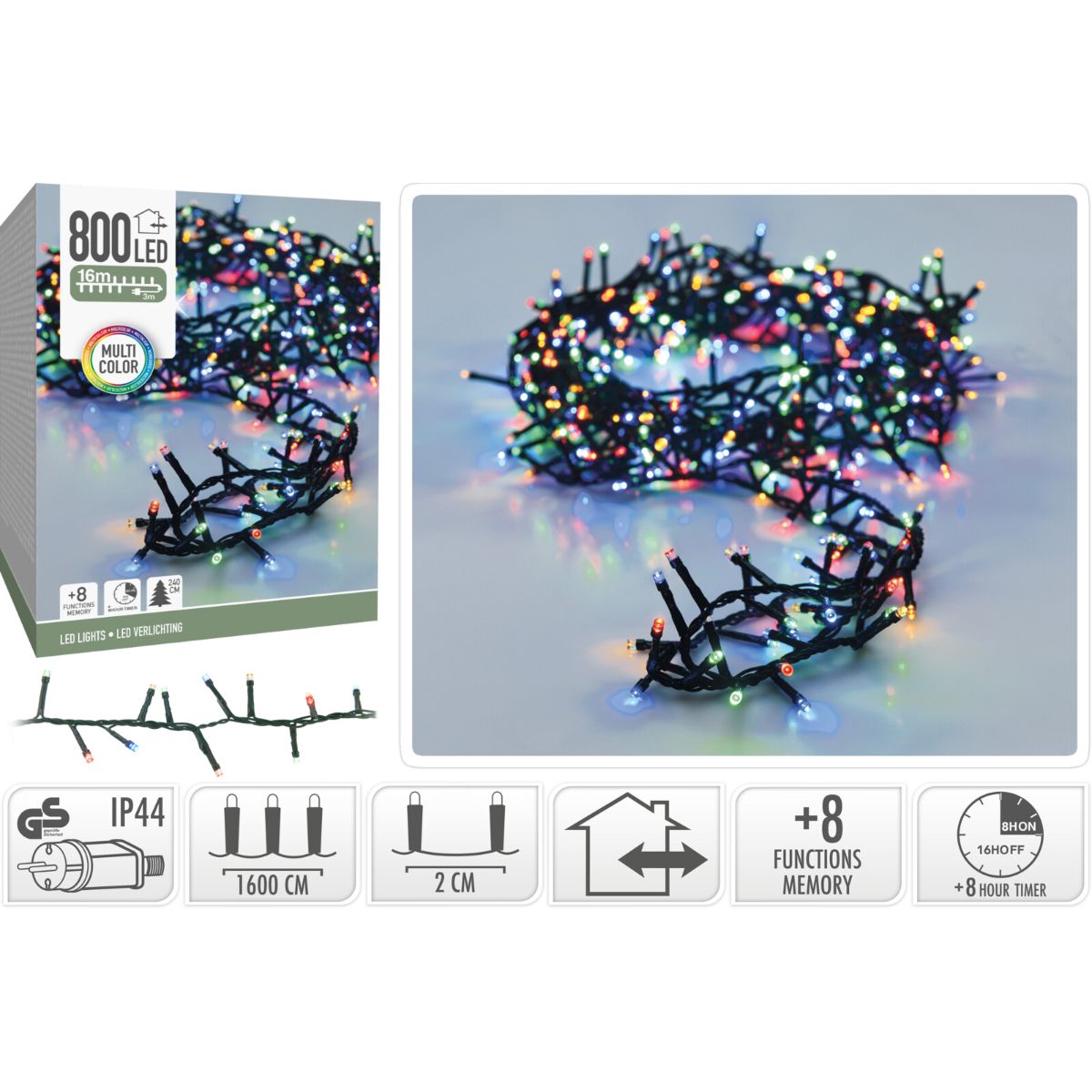 Microcluster - 800 Led - 16M - Multicolor - Timer - Lichtfuncties - Geheugen - Buiten