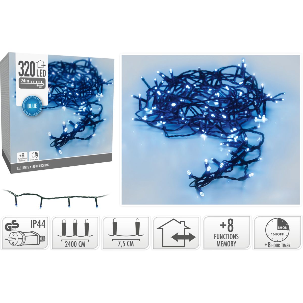 Kerstverlichting 320 Led- 24M - Blauw - Timer - Lichtfuncties - Geheugen - Buiten