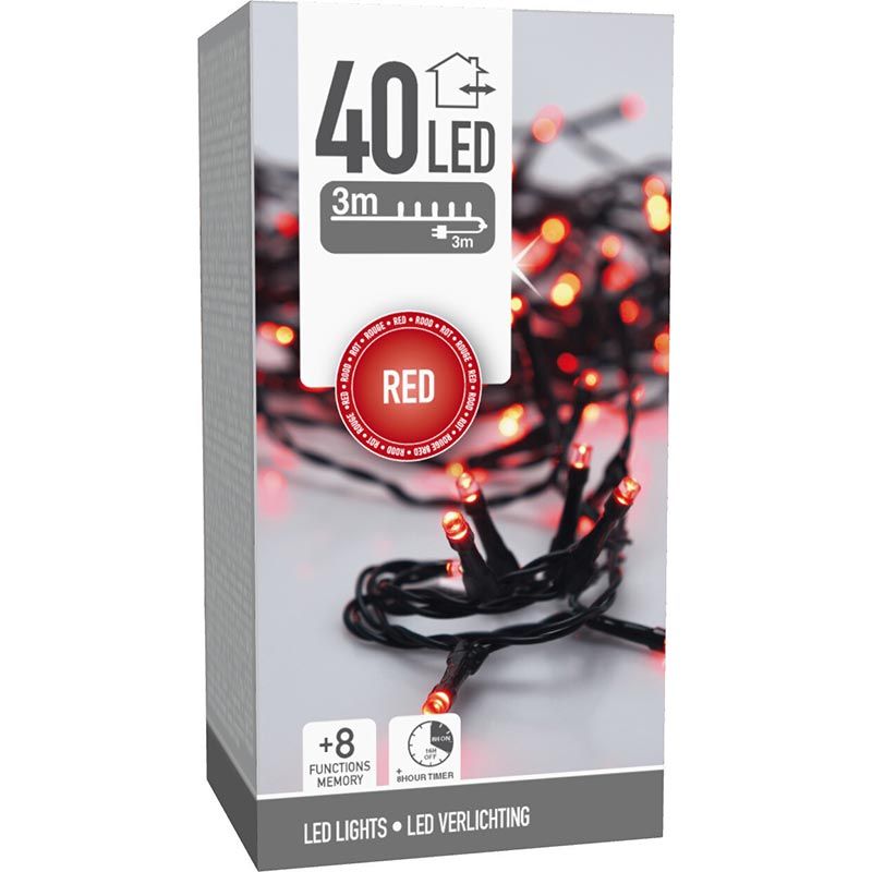 Kerstverlichting 40 Led- 3M - Rood - Timer - Lichtfuncties - Geheugen - Buiten