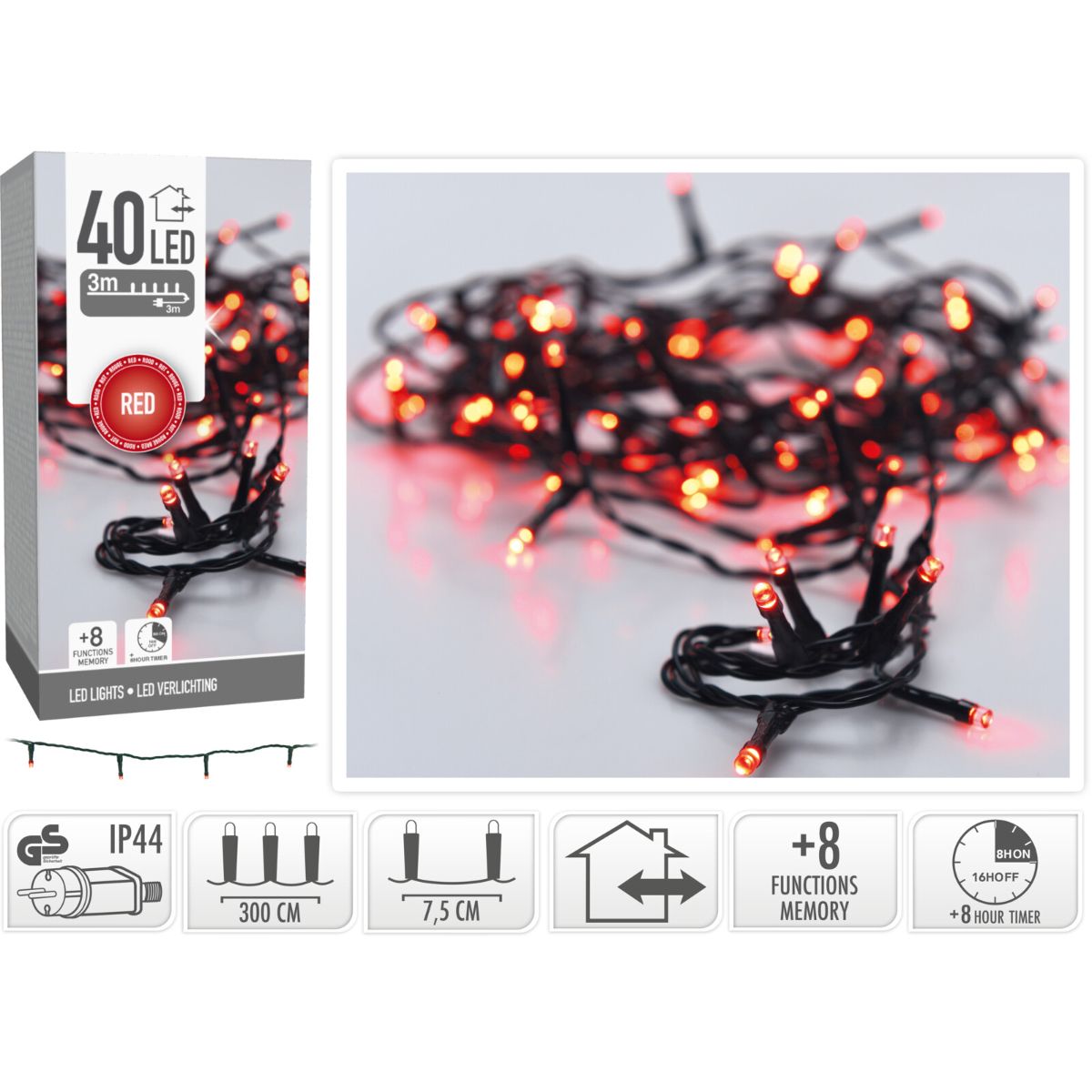 Kerstverlichting 40 Led- 3M - Rood - Timer - Lichtfuncties - Geheugen - Buiten