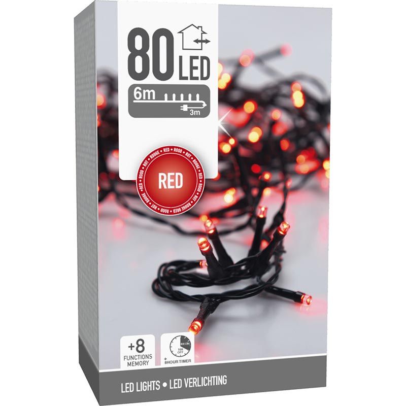 Kerstverlichting 80 Led- 6M - Rood - Timer - Lichtfuncties - Geheugen - Buiten