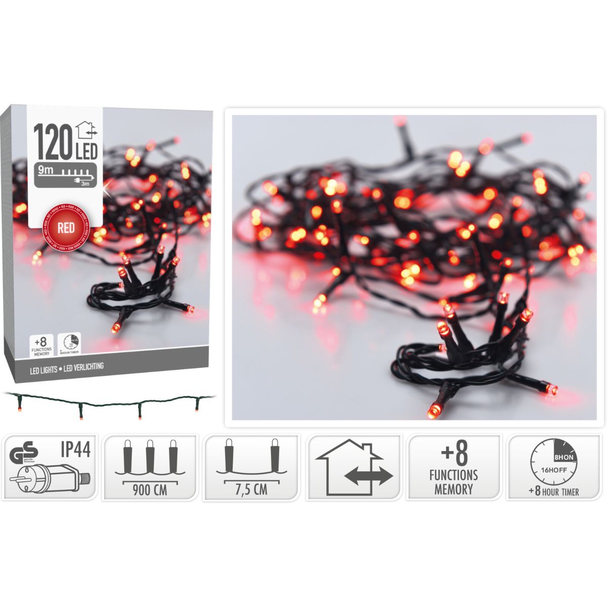 Kerstverlichting 120 Led- 9M - Rood - Timer - Lichtfuncties - Geheugen - Buiten