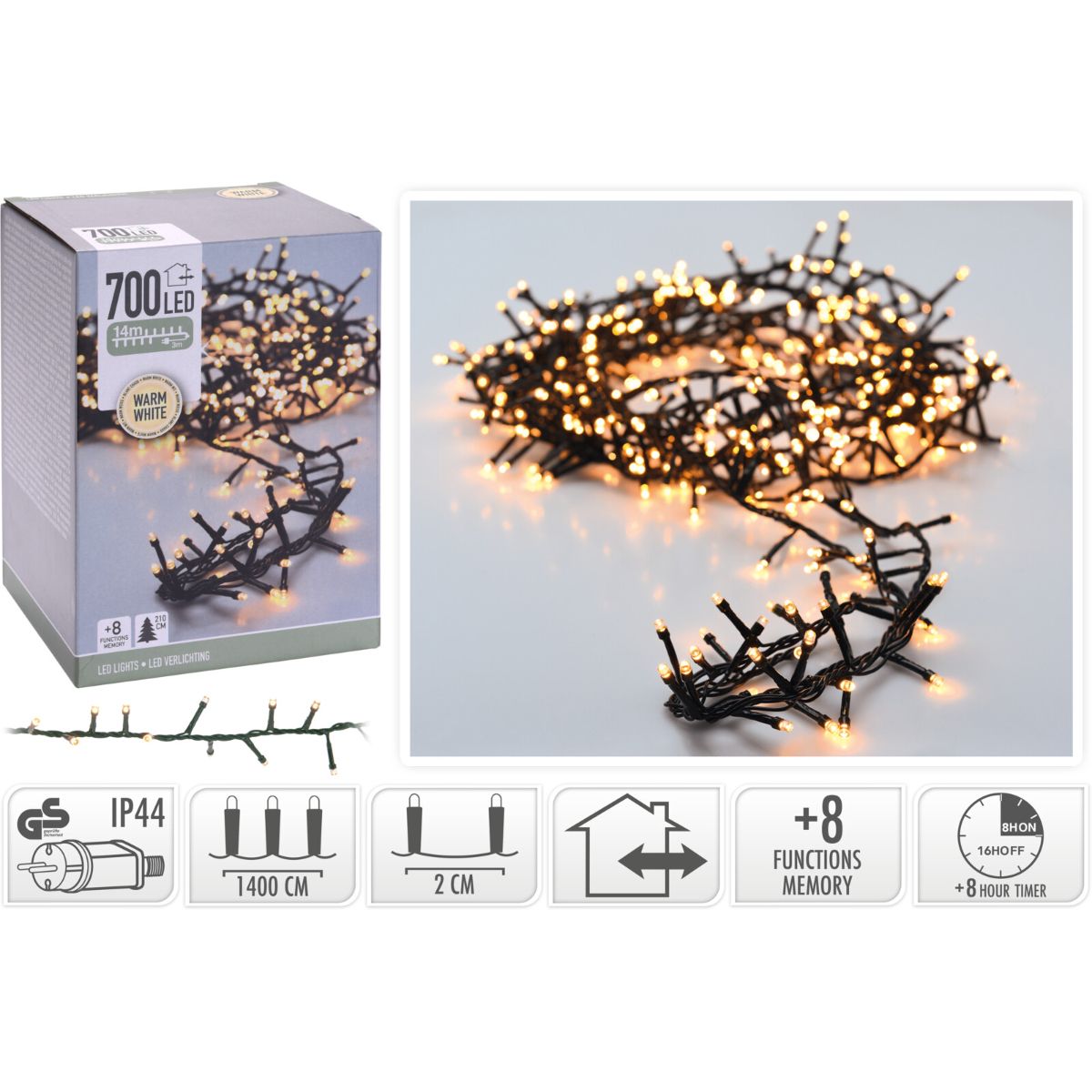 Microcluster - 700 Led - 14M - Warm Wit - Timer - Lichtfuncties - Geheugen - Buiten