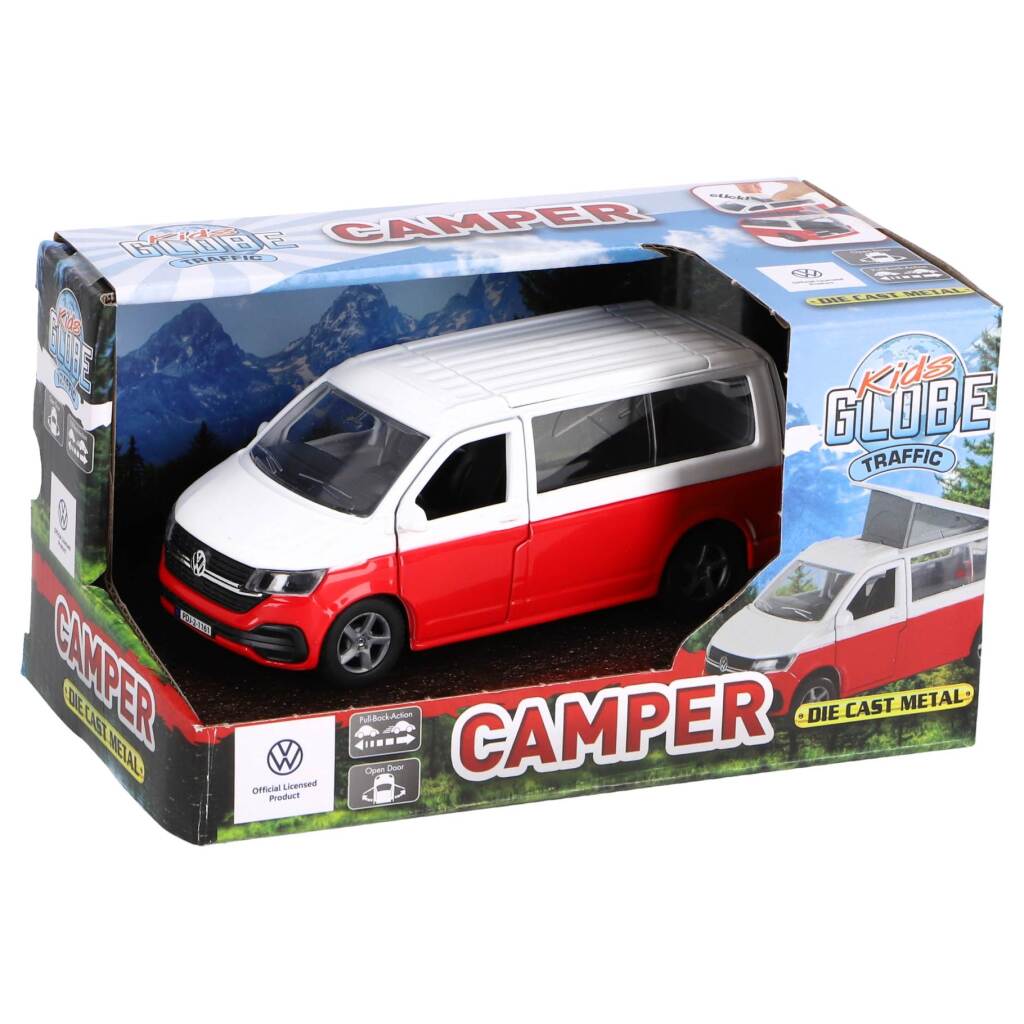 Kids Globe Traffic Die-Cast Volkswagen Transporter Camper 13.5 Cm Wit/Rood