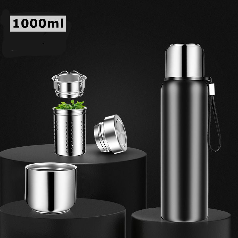 Thermosfles - 1 Liter - Met Filter - Rvs - Dubbelwandig - Mat Zwart