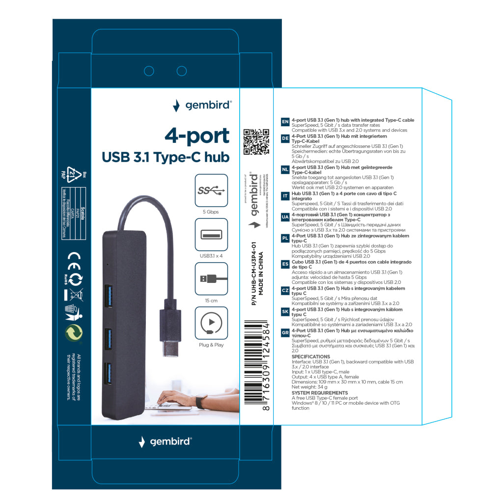 Gembird Gmb Hub Usb-C 4-Poorts U3P4-01