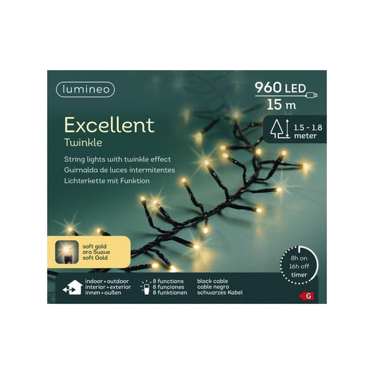Lumineo Led Excellent Twinkle 960 Leds 15 M Zwart Soft Gold Licht