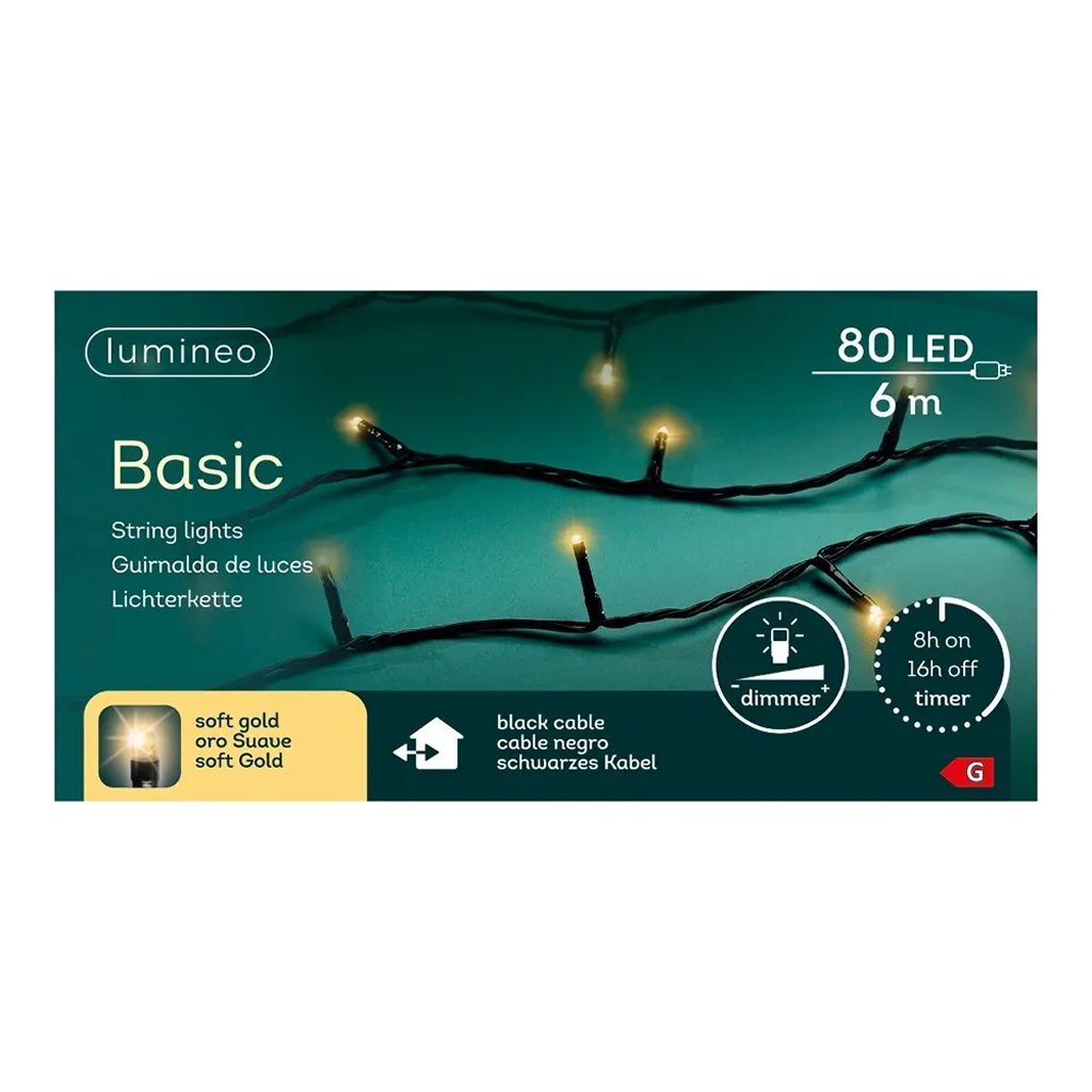 Lumineo Basic Led Snoer 80 Led'S 600 Cm Soft Gold Zwart