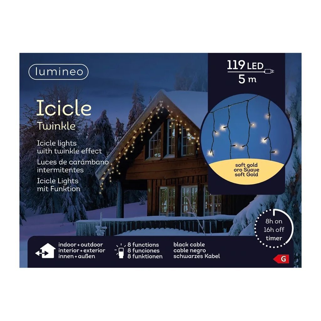 Lumineo Led Snoer Icicle Twinkle 119 Led'S 500 Cm Soft Gold Zwart