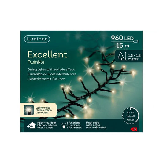 Lumineo Excellent Twinkle Led Snoer Voor Buiten 960 Leds 1500 Cm Warm Wit Licht Zwart