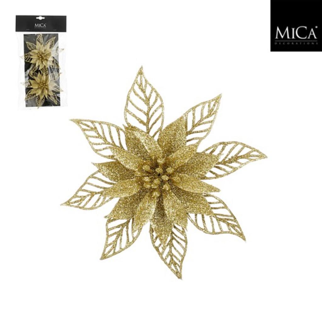 Mica Decorations Clip Poinsettia 2X16 Cm 2 Stuks Goud