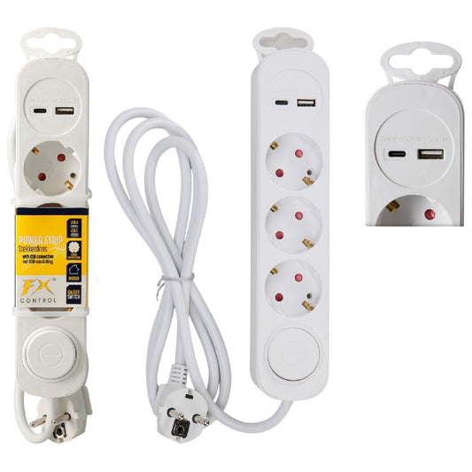 Fx Control Stekkerdoos 3 Weg + Usb A En C Poort Wit