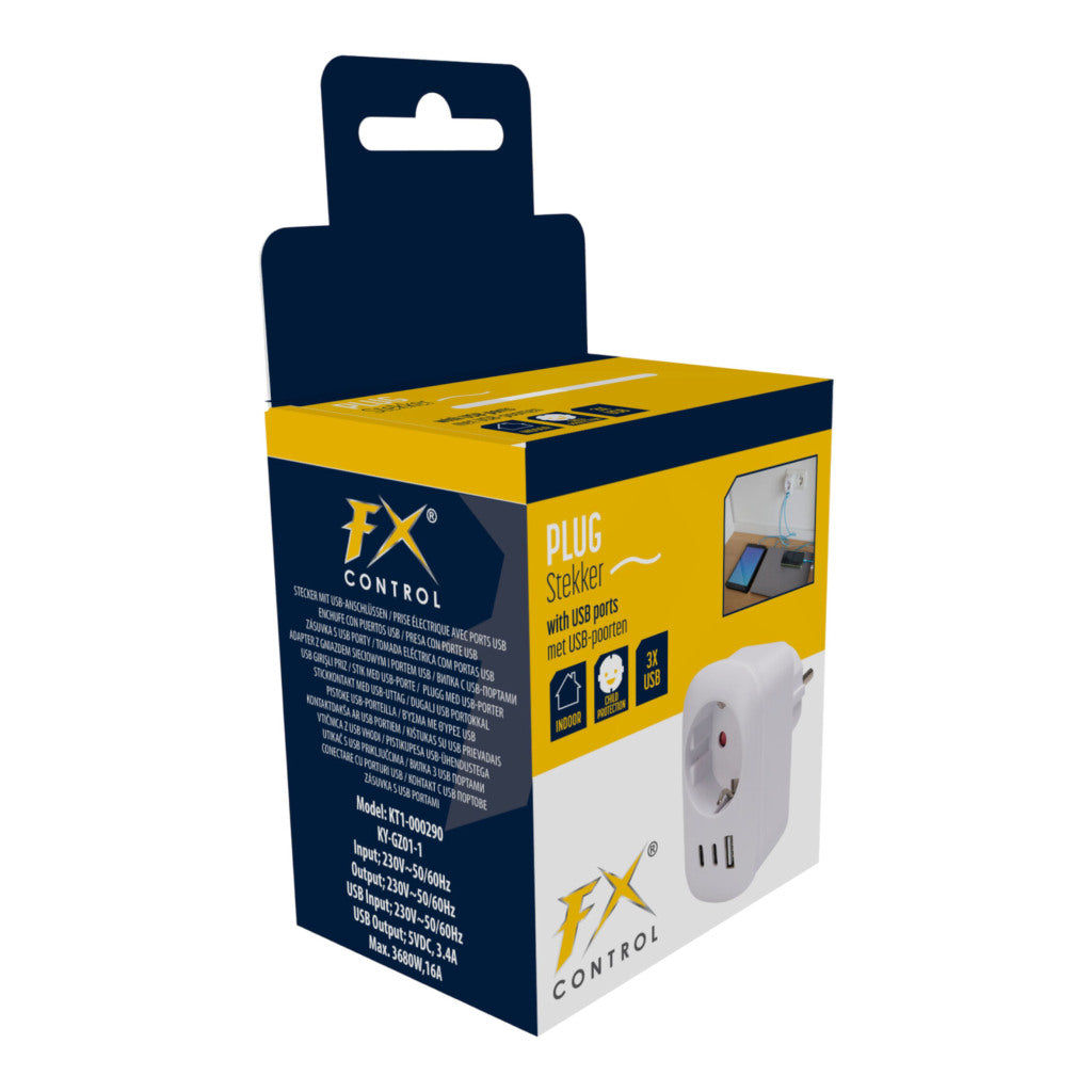Fx Control Stekker + 2 Usb A Poorten + 1 Usb C Poort Wit