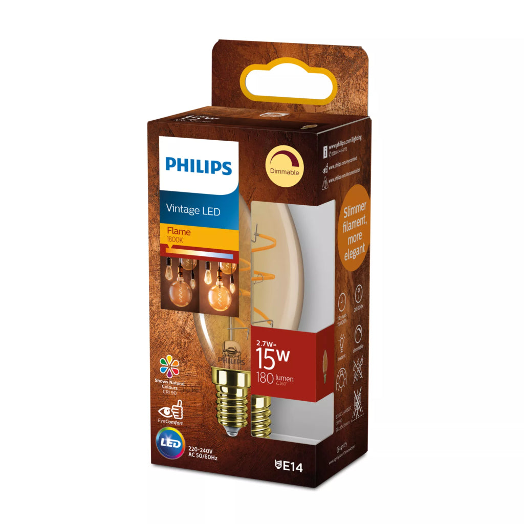 Philips Led Filamentkaarslamp 15W B35 E14 Flame Licht Amberkleurig