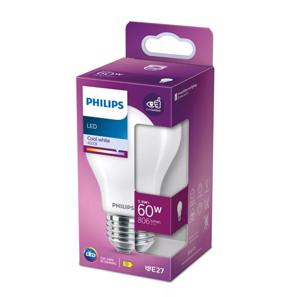 Philips Led Filamentlamp 60W A60 E27 Koel Wit Licht Mat Wit