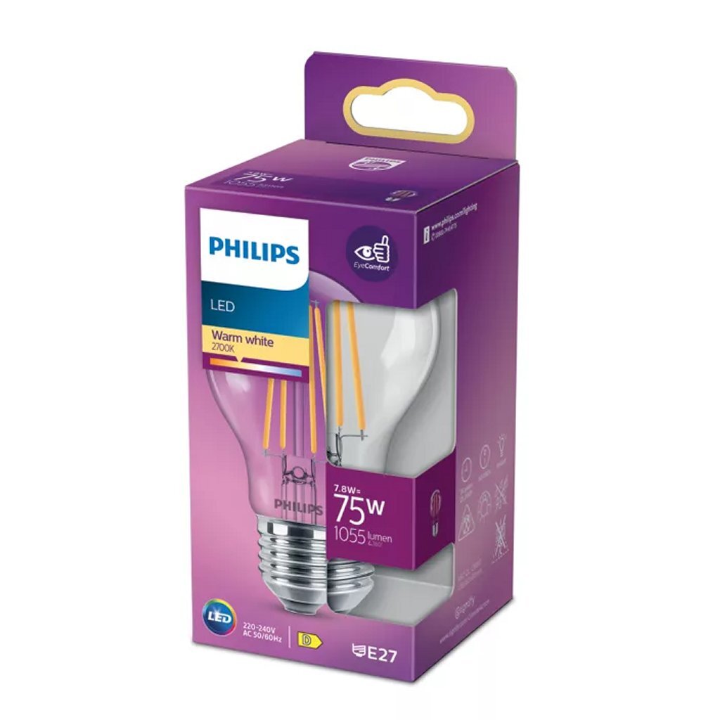 Philips Led Filamentlamp 75W A60 E27 Warm Wit Licht Transparant