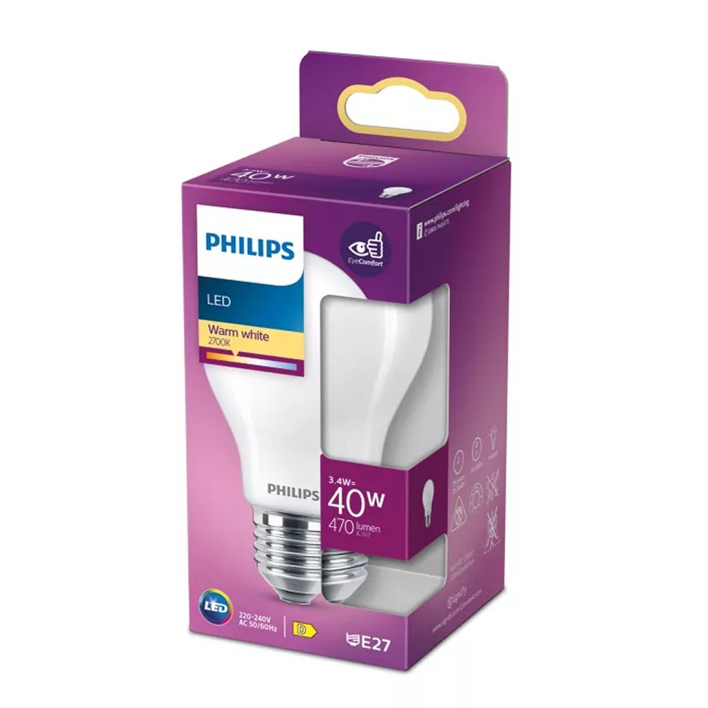 Philips Led Filamentlamp 40W A60 E27 Warm Wit Licht Mat Wit
