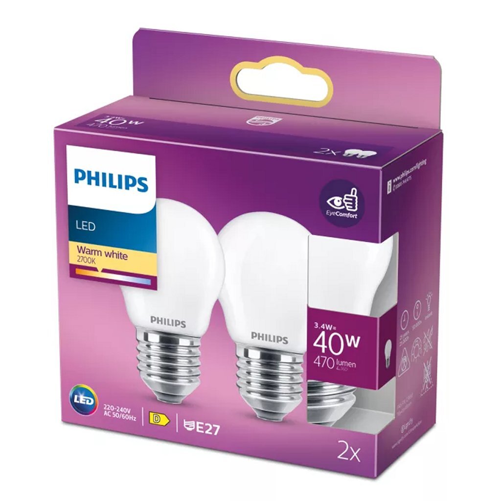 Philips Led Filamentkogellamp 40W P45 E27 Warm Wit Licht Mat Wit 2 Stuks